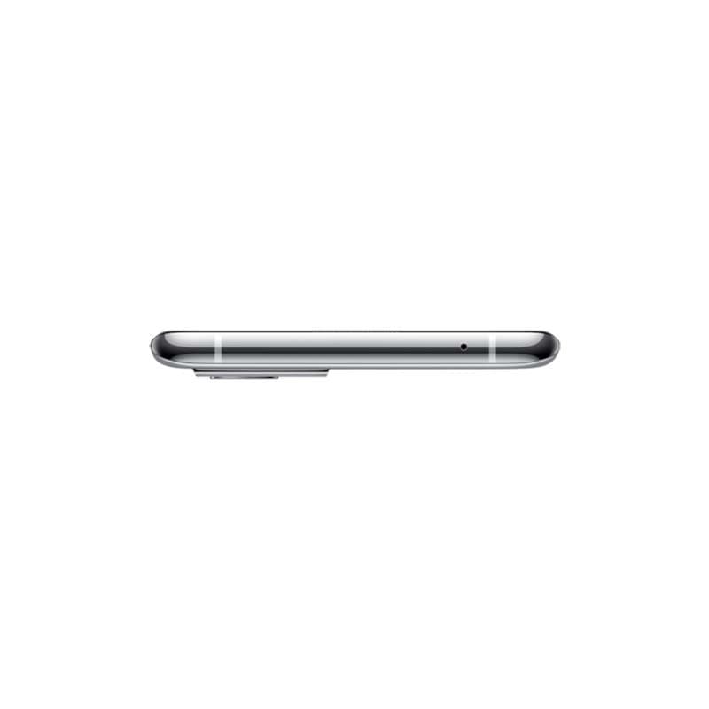 Profil latéral du Oneplus 9 Pro 8Go/128Go Argent Non Scellé avec cadre métallique argenté, bords arrondis, antennes visibles et module photo légèrement