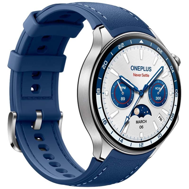 vista frontal y lateral del Oneplus Watch 2 Azul