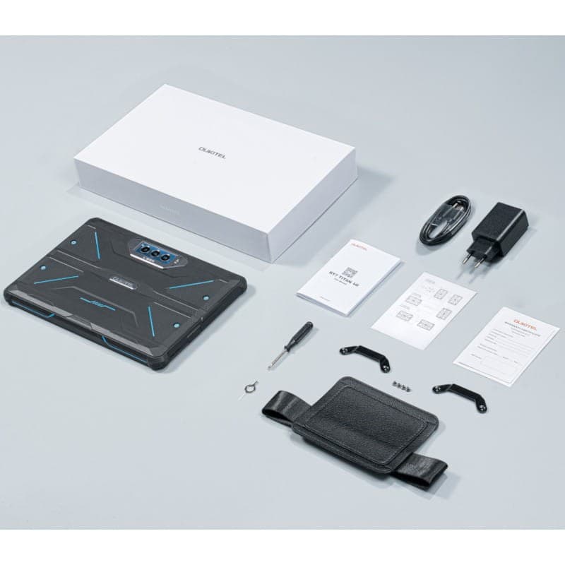 Tablette robuste Oukitel RT7 Titan 10,1 bleu avec coques renforcées, triple caméra arrière, stylet, dragonne, supports, chargeur USB et câble inclus