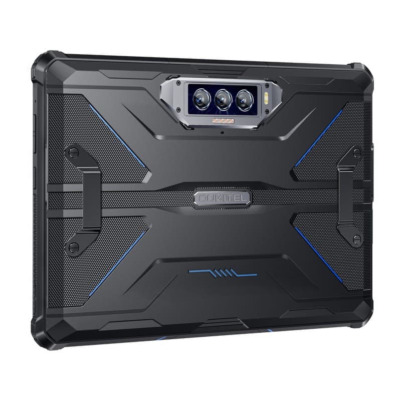 Oukitel RT7 Titan 10,1 12Go/512Go 5G Bleu avec coque robuste noire, accents bleus, triple capteur photo arrière et visserie apparente pour résistance