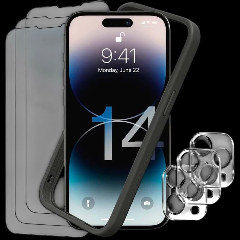 Pack d'accessoires iPhone 14 Pro avec 3 Protection d'écran + 3 Film protection caméra + Coque Bumper