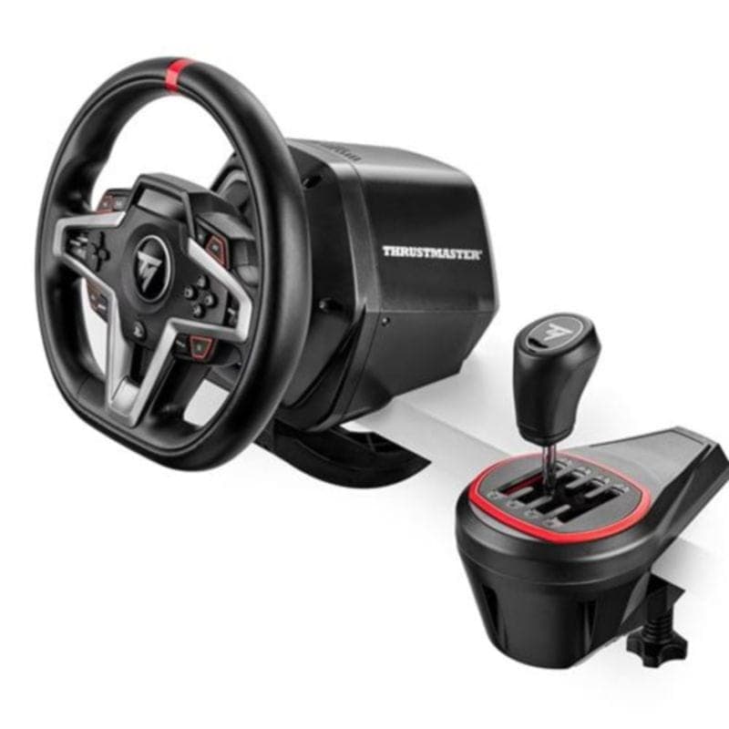 Visão geral da Alavanca de Câmbio Thrustmaster TH8S Shifter preta ao lado de um volante de simulação