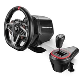Visão geral da Alavanca de Câmbio Thrustmaster TH8S Shifter preta ao lado de um volante de simulação