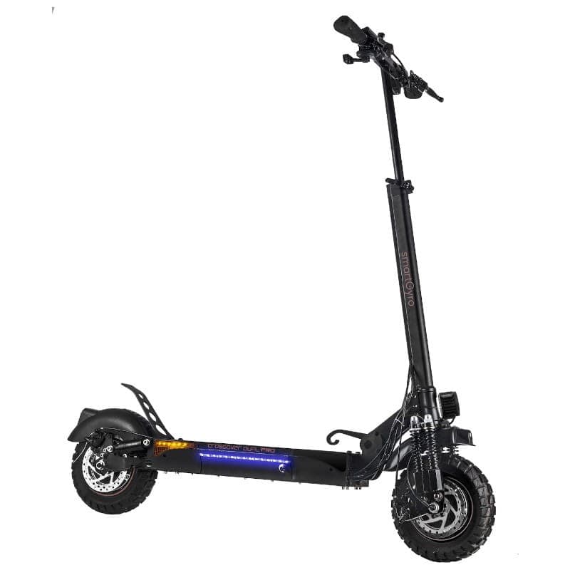 Trotinete elétrica preta com pneus off-road largos, dupla suspensão, travões a disco e luz LED lateral; guiador alto e base robusta, versão Classe B