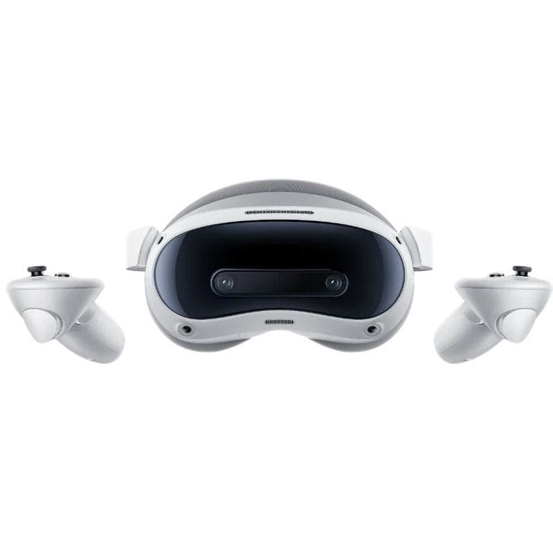Casque VR Pico 4 Ultra blanc avec façade noire et deux caméras frontales, livré avec deux contrôleurs ergonomiques assortis