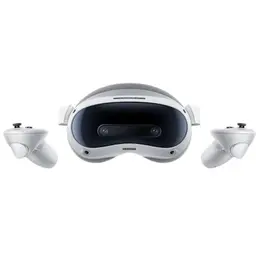 Casque VR Pico 4 Ultra blanc avec façade noire et deux caméras frontales, livré avec deux contrôleurs ergonomiques assortis
