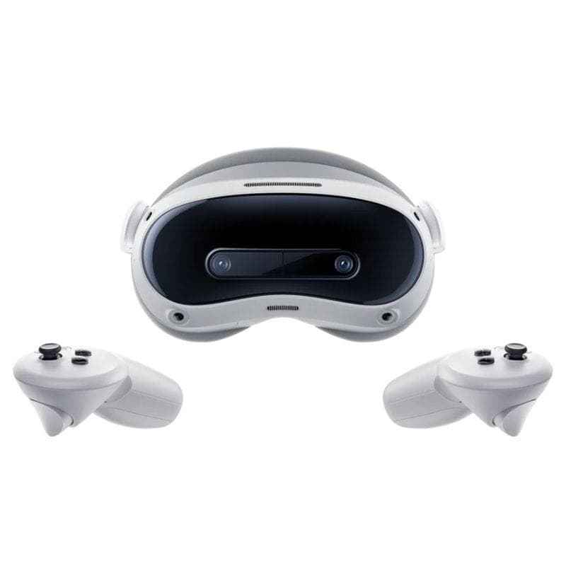 Casque VR Pico 4 Ultra blanc avec façade noire et double caméra frontale, accompagné de deux manettes ergonomiques blanches à sticks et gâchettes