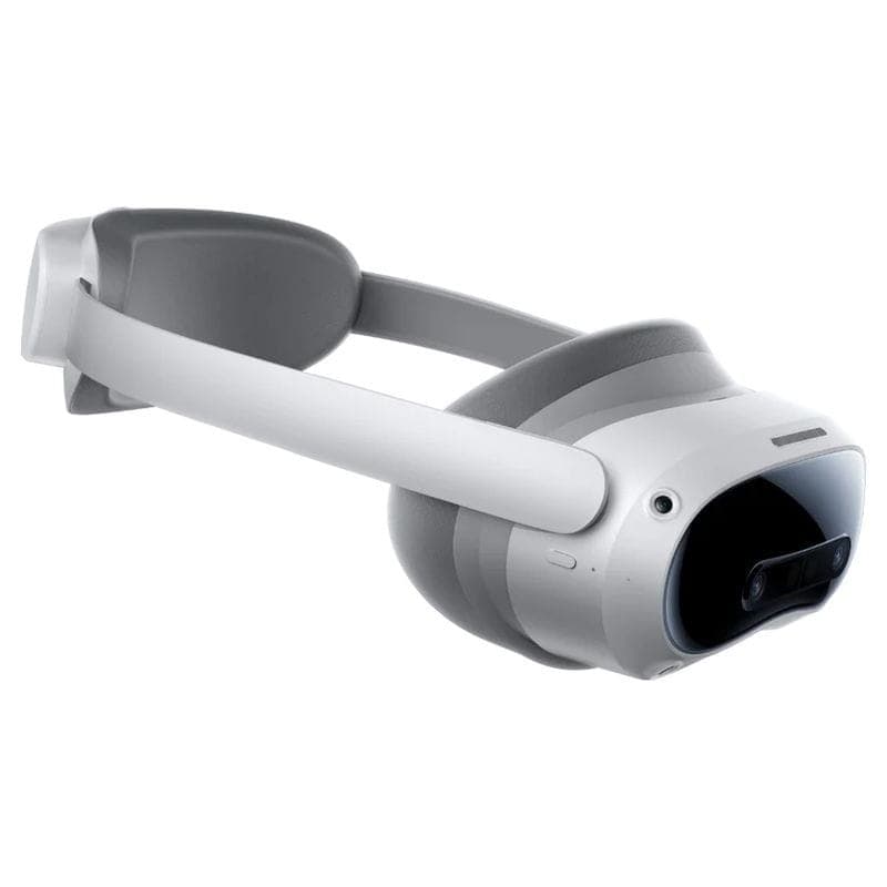 Casque VR blanc Pico 4 Ultra au design épuré avec visière noire brillante, double caméra frontale et sangle arrière ajustable, finition mate moderne