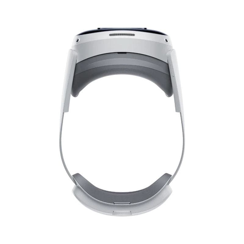 Casque VR blanc vu de face par le dessus, arceau rigide enveloppant, coussinet frontal rembourré et ventilation supérieure discrète