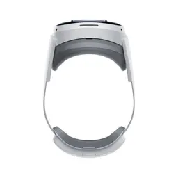 Casque VR blanc vu de face par le dessus, arceau rigide enveloppant, coussinet frontal rembourré et ventilation supérieure discrète
