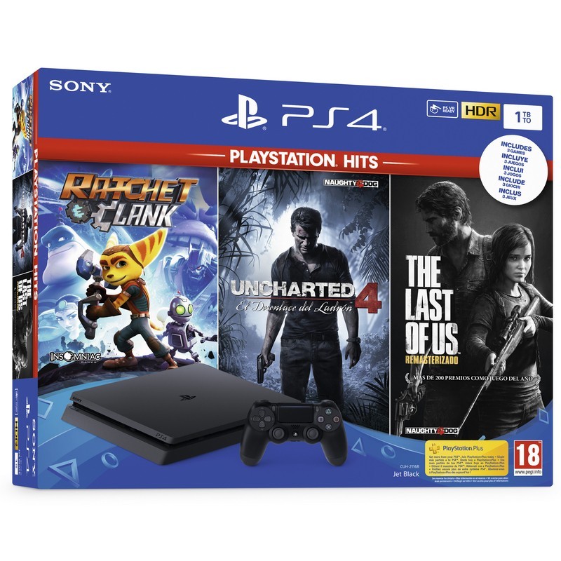 PlayStation 4 Slim 1TB (PS4) + Playstation Hits (Uncharted 4 + Ratchet and Clank + The Last of Us)