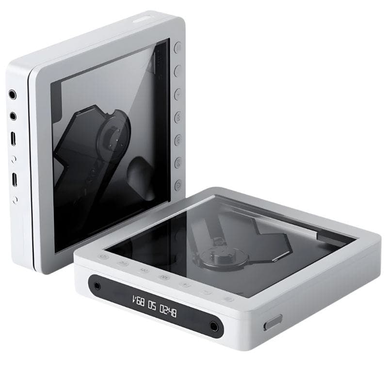 FiiO DM13 BT Transparent en boîtier blanc, capot translucide montrant le mécanisme CD, écran LED frontal, boutons latéraux et ports audio, Bluetooth aptX HD