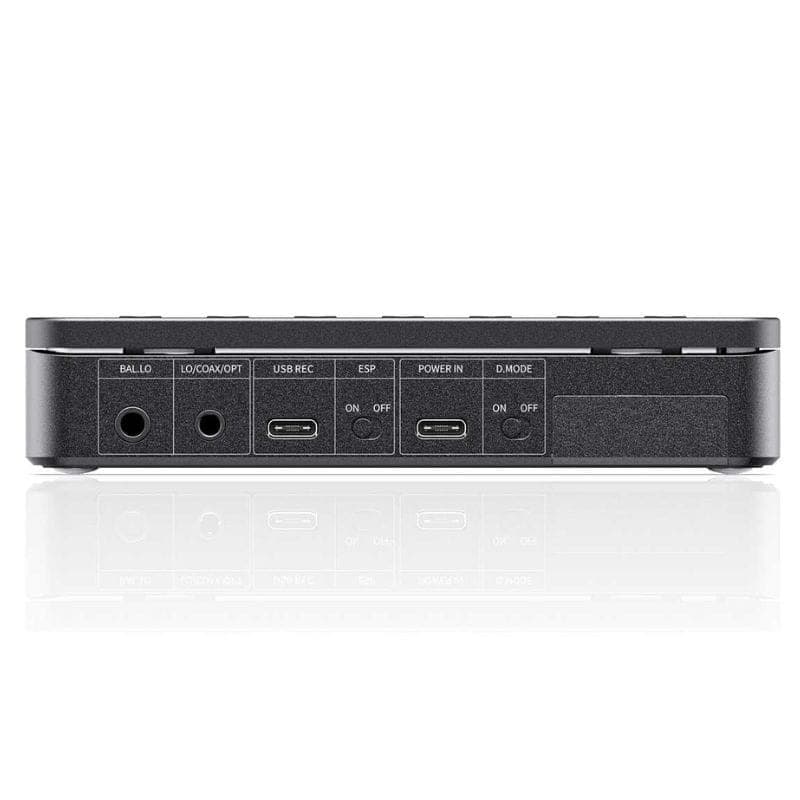 Panneau arrière du FiiO DM13 BT Transparent avec prises BAL/LO, entrée optique, USB-C dual, sélecteurs ON/OFF, ESP, Power In et mode D‑Mode, finition noire