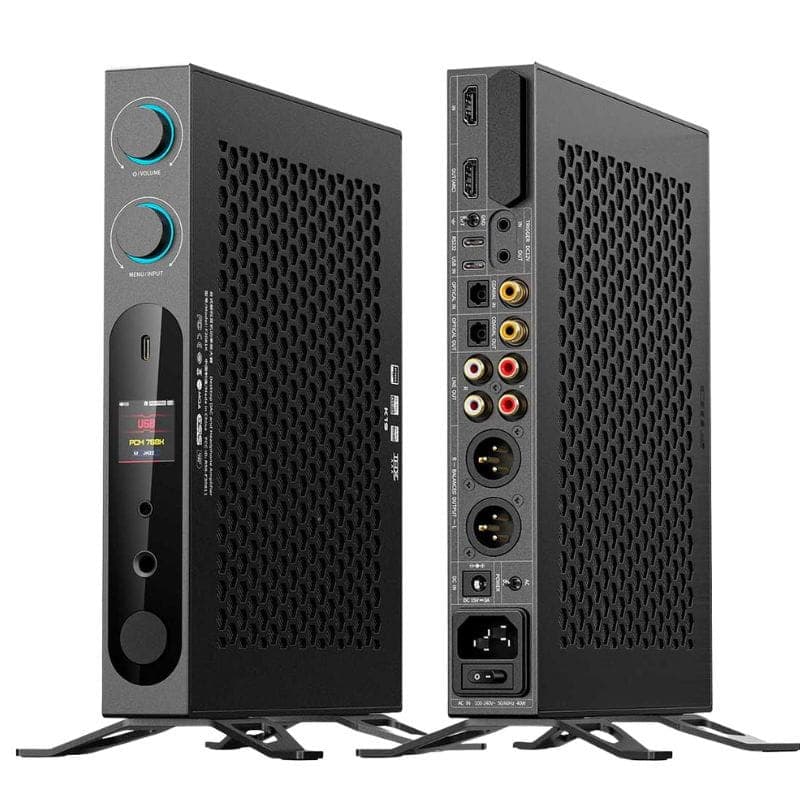 FiiO K19 Noir vertical avec façade perforée, deux grands boutons bleus, écran couleur, sorties XLR, RCA et optiques à l’arrière, châssis métallique