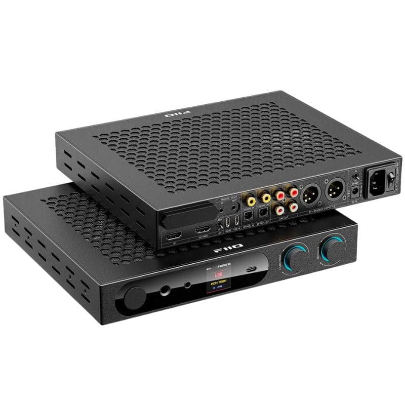 FiiO K19 Noir en deux modules métalliques alvéolés, façade avec écran couleur, prise casque et doubles boutons, arrière riche en ports RCA, XLR et USB