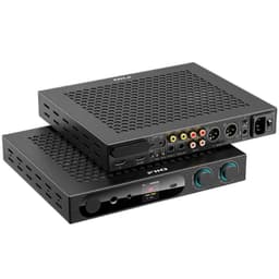 FiiO K19 Noir en deux modules métalliques alvéolés, façade avec écran couleur, prise casque et doubles boutons, arrière riche en ports RCA, XLR et USB