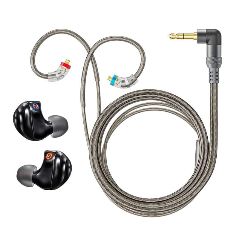 FiiO FH3 Noir – écouteurs hybrides noirs avec coques ergonomiques, embouts interchangeables rouge et bleu, câble tressé gris détachable avec jack coudé