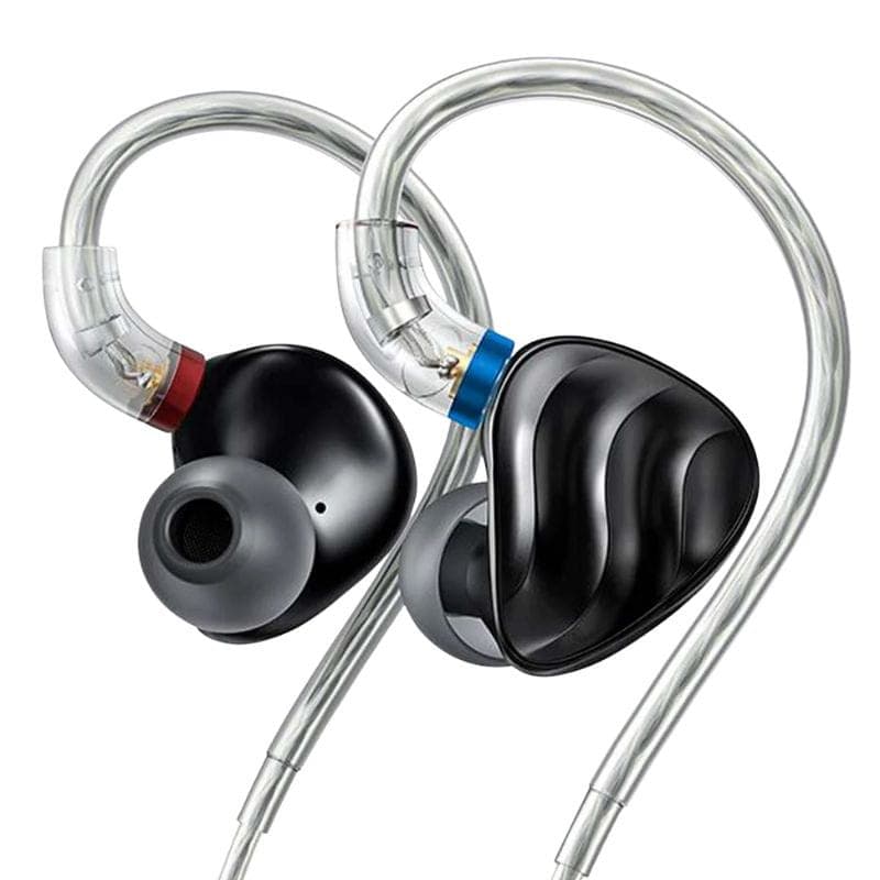 FiiO FH3 Noir - Écouteurs hybrides avec coques noires ondulées, embouts silicone gris et câbles transparents à guides d’oreille colorés rouge et bleu