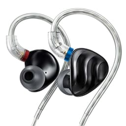 FiiO FH3 Noir - Écouteurs hybrides avec coques noires ondulées, embouts silicone gris et câbles transparents à guides d’oreille colorés rouge et bleu