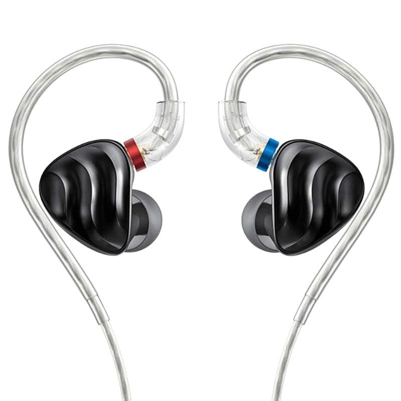 FiiO FH3 Noir - Écouteurs hybrides avec coques noires ondulées, repères rouge et bleu, embouts en silicone et câbles transparents à oreille enroulée