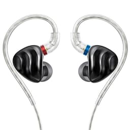 FiiO FH3 Noir - Écouteurs hybrides avec coques noires ondulées, repères rouge et bleu, embouts en silicone et câbles transparents à oreille enroulée