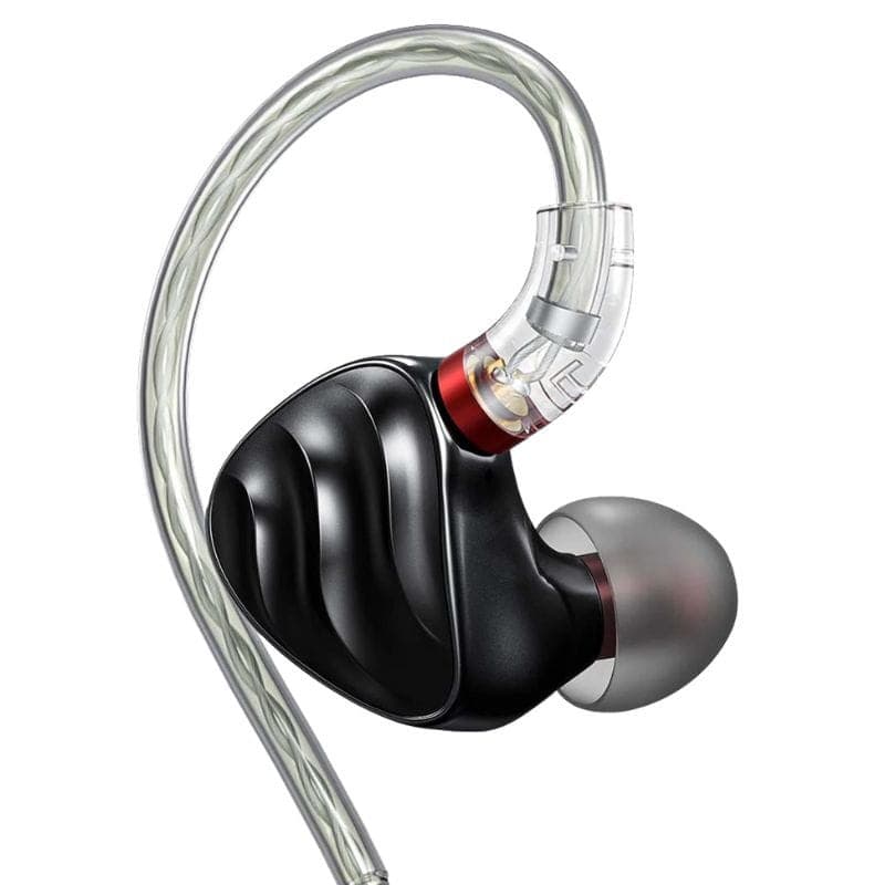 FiiO FH3 Noir - Écouteurs hybrides intra-auriculaires, coque noire sculptée, embout silicone gris, connecteur transparent avec anneau rouge, câble