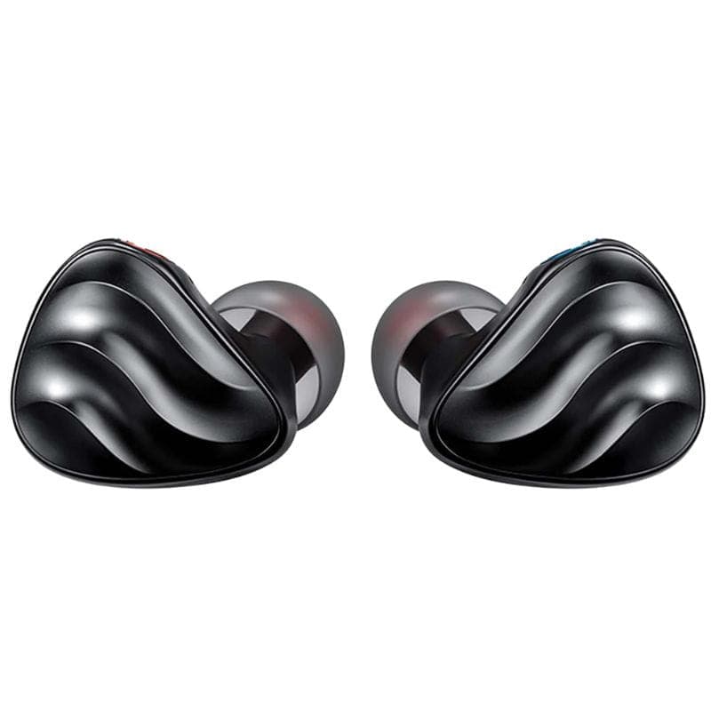 FiiO FH3 Noir – écouteurs hybrides intra-auriculaires noirs, coques ondulées mates, embouts silicone gris et rouges, repères L et R colorés
