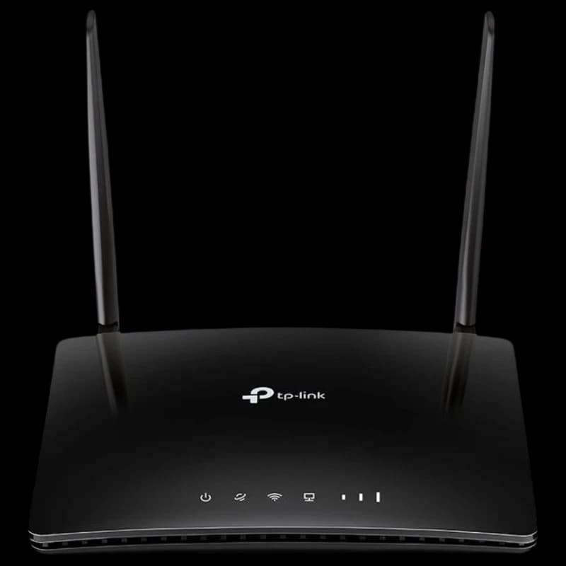 Routeur TP-Link Archer MR400 4G noir brillant avec deux antennes externes, voyants LED en façade et design compact pour Wi-Fi double bande stable