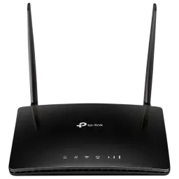 Routeur TP-Link Archer MR400 4G noir brillant avec deux antennes externes, voyants LED en façade et design compact pour Wi-Fi double bande stable