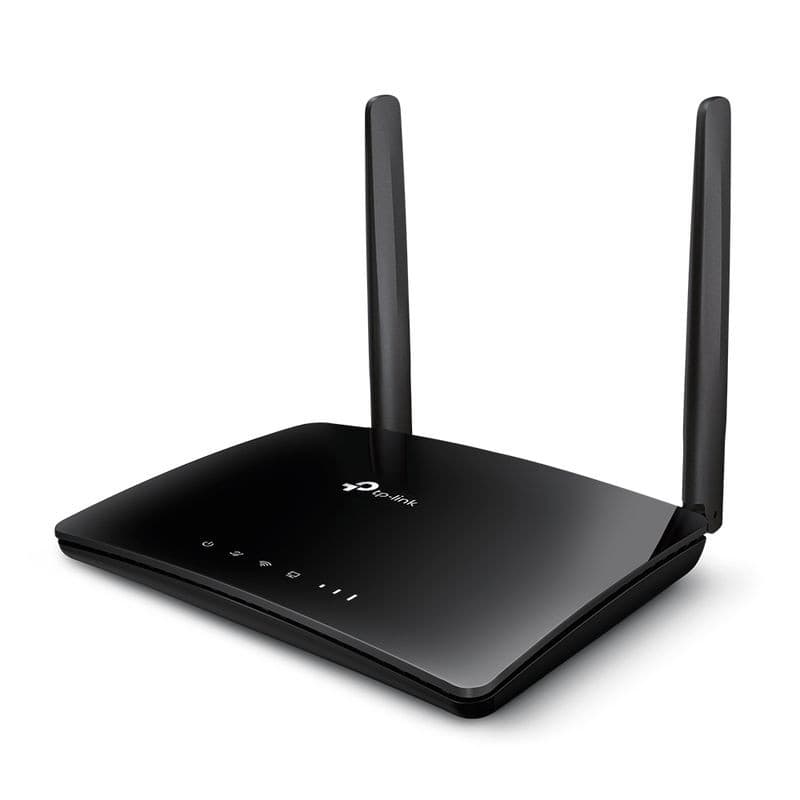 Routeur TP-Link Archer MR400 4G, boîtier noir brillant, deux antennes externes verticales, voyants LED en façade, design compact double bande Wi-Fi