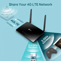 Routeur TP-Link Archer MR400 4G double bande, boîtier noir avec deux antennes, voyants LED, débits 2,4 GHz 300 Mbps et 5 GHz 433 Mbps