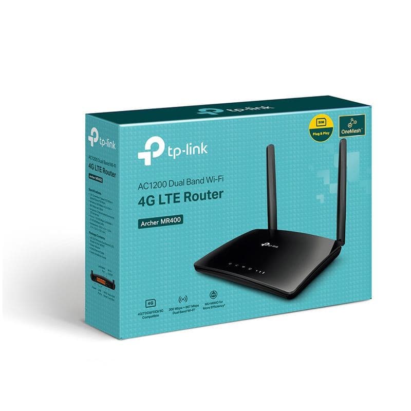 Routeur TP-Link Archer MR400 4G double bande, boîtier noir compact avec deux antennes externes, voyants LED frontaux et ports arrière pour réseau fiable