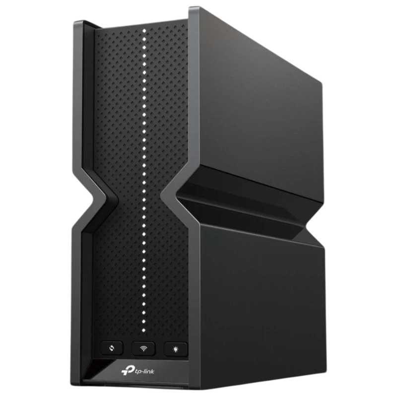 TP-Link Archer BE550 Gigabit Ethernet Router WiFi 7 tripla banda em torre preta, design angular com LEDs verticais e botões frontais de energia, Wi-Fi e WPS - Item