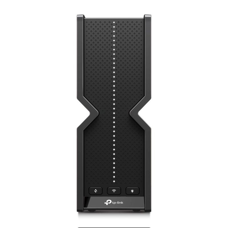 TP-Link Archer BE550 router WiFi 7 triple banda en negro, diseño vertical angulado, panel perforado con LEDs frontales y botones de estado en la base - Ítem1
