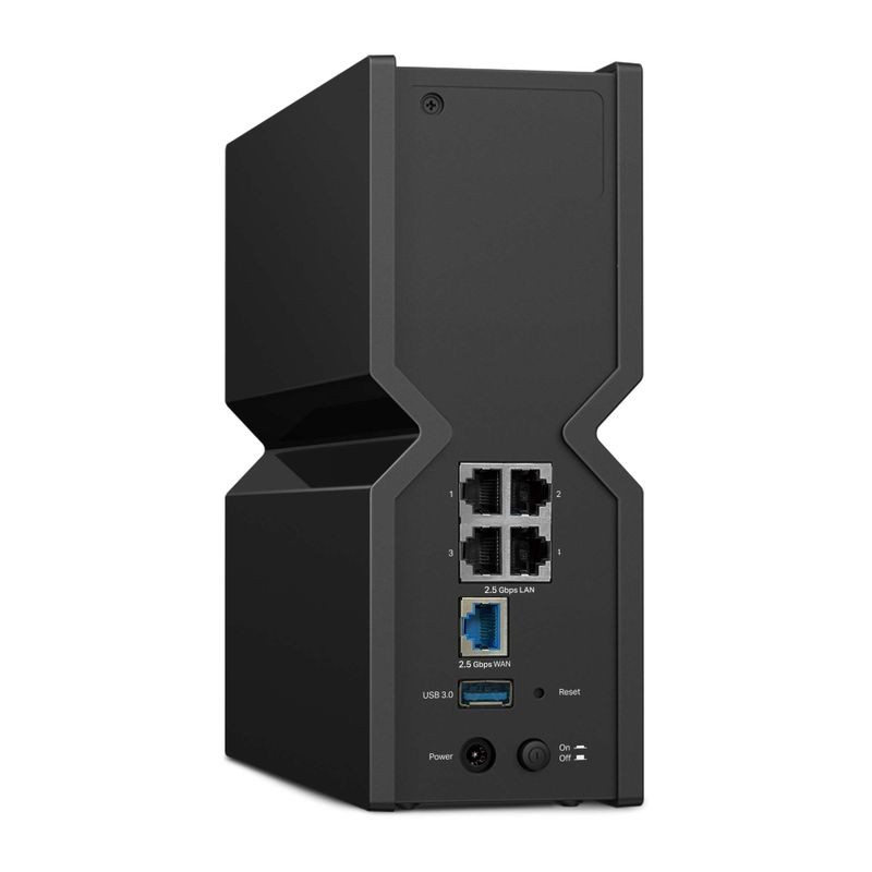 TP-Link Archer BE550 router WiFi 7 triple banda en negro, diseño vertical angulado, panel perforado con LEDs frontales y botones de estado en la base - Ítem3