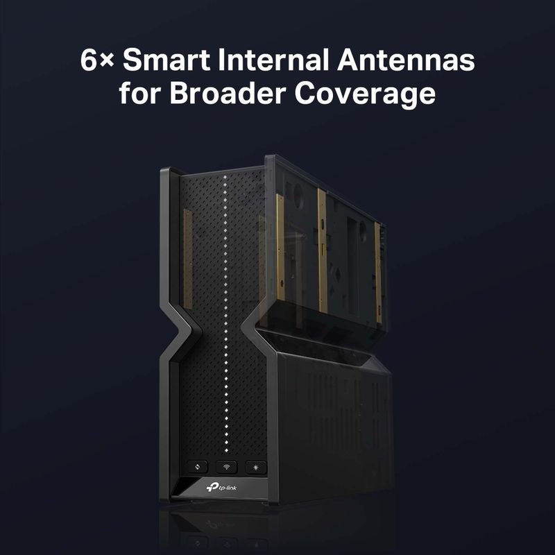 TP-Link Archer BE550 router WiFi 7 triple banda en negro, diseño vertical angulado, panel perforado con LEDs frontales y botones de estado en la base - Ítem6