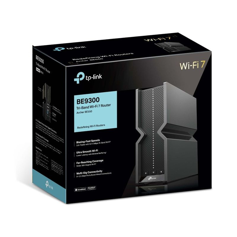 TP-Link Archer BE550 router WiFi 7 triple banda en negro, diseño vertical angulado, panel perforado con LEDs frontales y botones de estado en la base - Ítem8