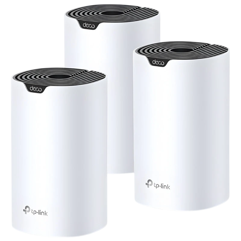 TP-Link Deco S4 Pacote de 3 Wi-Fi Dual AC1200 Sistema Mesh com três unidades cilíndricas brancas, topo preto ventilado e logo TP-Link frontal - Item