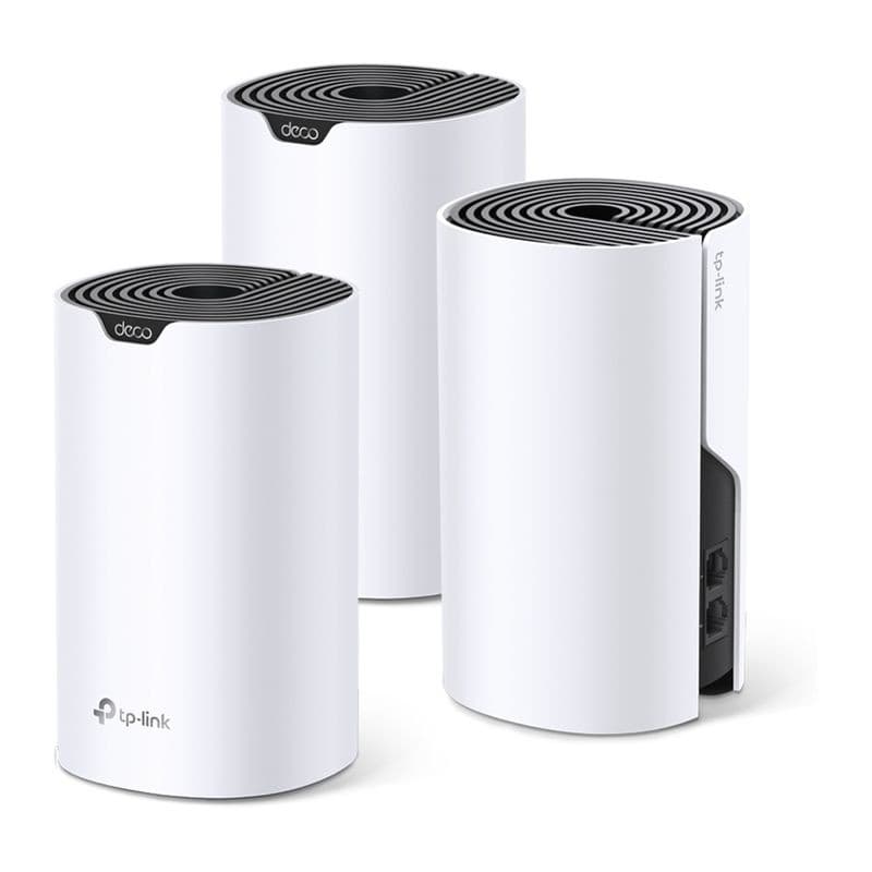 TP-Link Deco S4 Pack de 3 Wi-Fi Dual AC1200 Système Mesh en blanc, modules cylindriques avec grilles noires et ports Ethernet latéraux