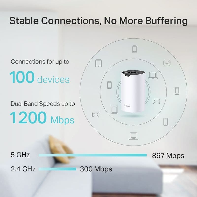 TP-Link Deco S4 Pack de 3 routeurs mesh cylindriques blancs, grille noire sur le dessus, indicateur LED frontal, couverture Wi-Fi bi-bande jusqu’à 1200 Mbps