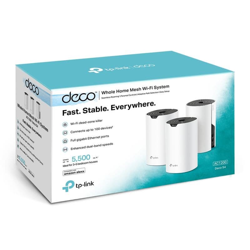 TP-Link Deco S4 Pack de 3 routeurs mesh cylindriques blancs, voyants LED, logo tp-link, boîtiers compacts AC1200 avec grilles noires sur le dessus