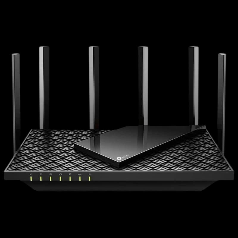 TP-Link Archer AX73 Gigabit Ethernet Router WiFi 6 AI em preto com 6 antenas externas, topo brilhante e base texturizada, LEDs frontais verdes