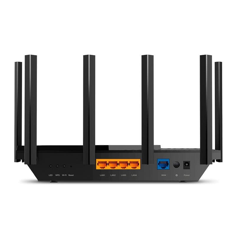 TP-Link Archer AX73 Gigabit Ethernet Router WiFi 6 AI com 8 antenas, portas LAN laranja, porta WAN azul, botões LED WPS Reset e entrada de energia