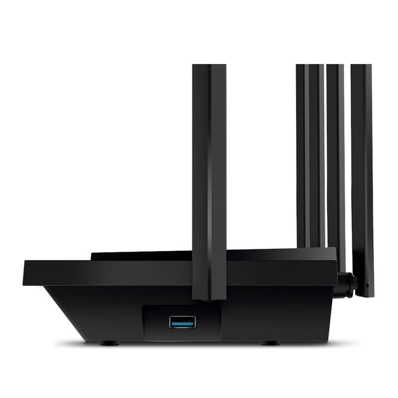 TP-Link Archer AX73 Gigabit Ethernet - Router WiFi 6 AI em preto com múltiplas antenas verticais e porta USB frontal, design angular robusto e moderno
