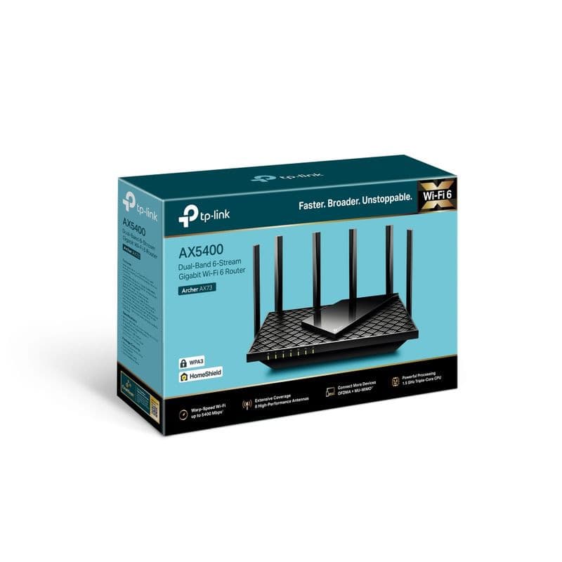TP-Link Archer AX73 Gigabit Ethernet - Router WiFi 6 AI em caixa azul, 8 antenas pretas destacadas, design em grade, destaque para AX5400 e HomeShield.