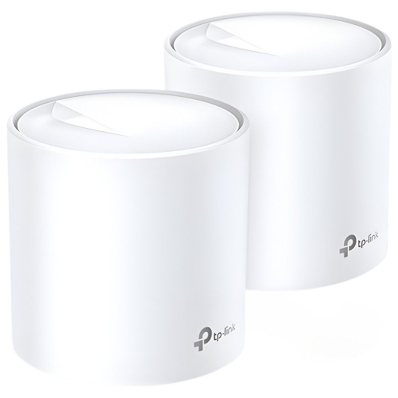Dos nodos cilíndricos blancos TP-Link con acabado mate y logo gris, diseño minimalista sin antenas visibles, pack de 2 para red WiFi 6 Mesh en el hogar - Ítem