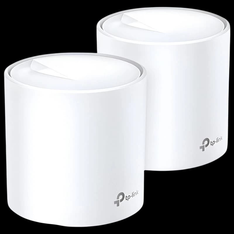 TP-Link Deco X60 Pack de 2: dois módulos cilíndricos brancos, design minimalista com logotipo TP-Link, topo curvo e acabamento fosco para rede Wi-Fi 6 Mesh.