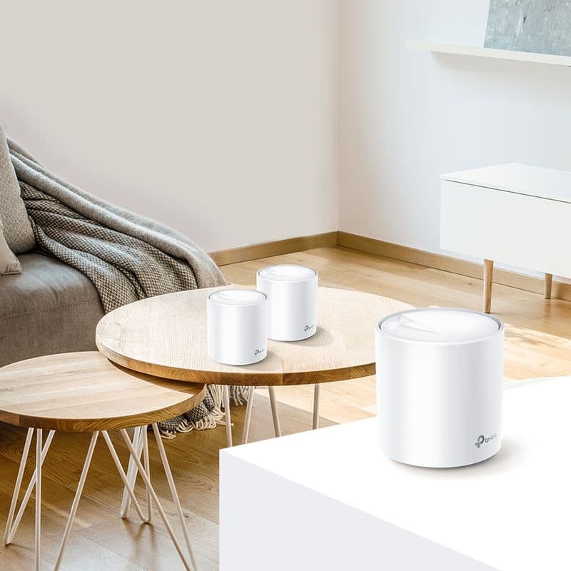 TP-Link Deco X60 Pack de 2, módulos cilíndricos brancos minimalistas, acabamento fosco, LEDs suaves na base, design limpo para rede Wi-Fi 6 Mesh