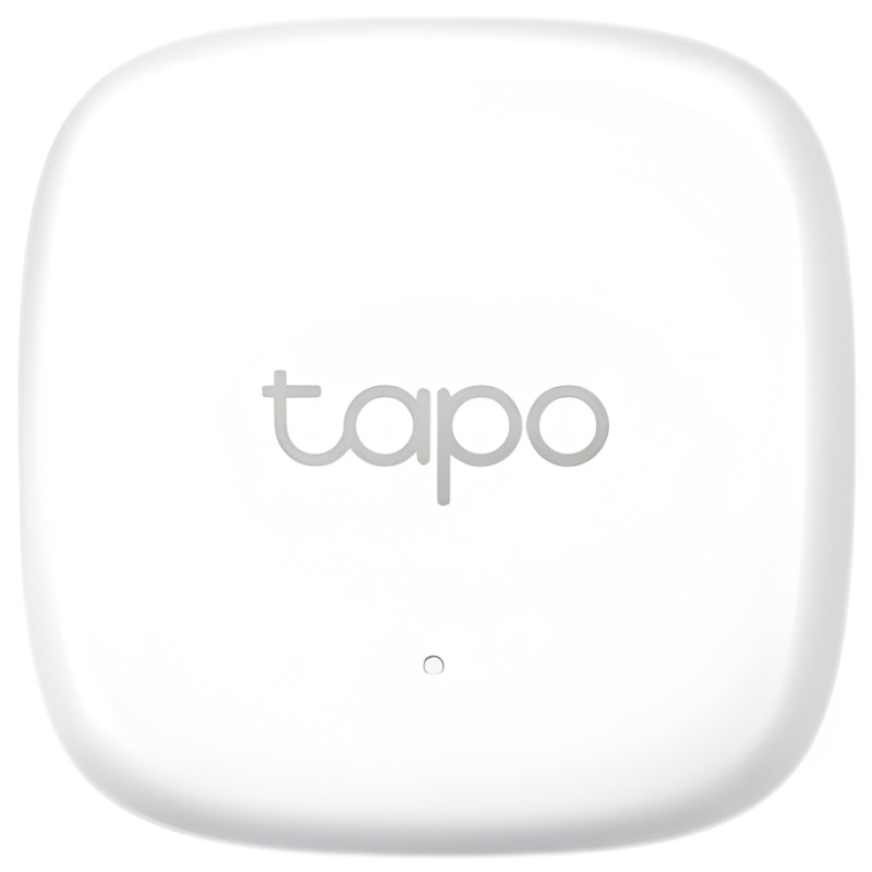Sensor TP-Link Tapo T310 blanco, compacto y minimalista, con logotipo tapo al centro y pequeño LED indicador frontal para monitoreo de temperatura y humedad - Ítem