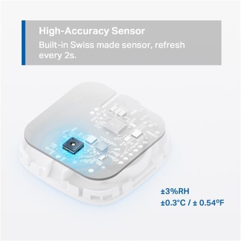 TP-Link Tapo T310 com sensor suíço de alta precisão; placa eletrônica exposta, LED azul, leitura a cada 2 s, precisão ±3% RH e ±0,3 °C